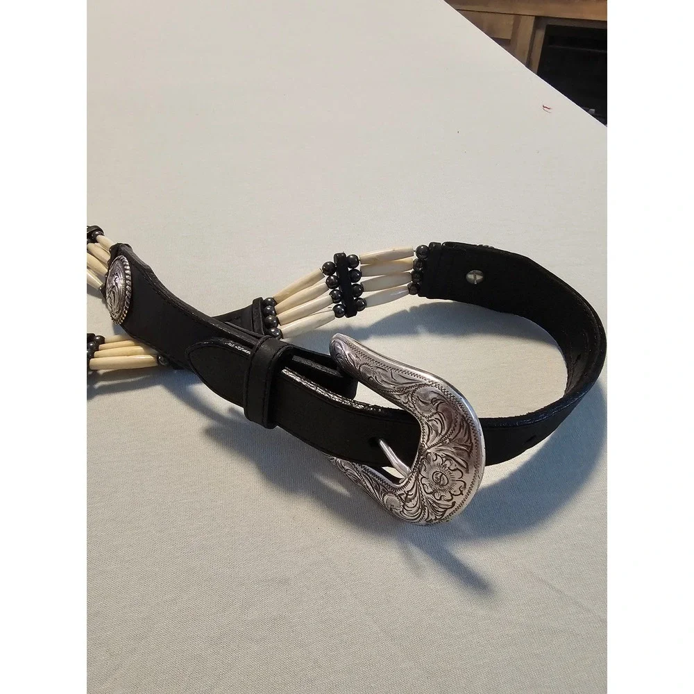 Western Leather Bone Hairpipe Concho Belt Black Silver Size 32 7153L